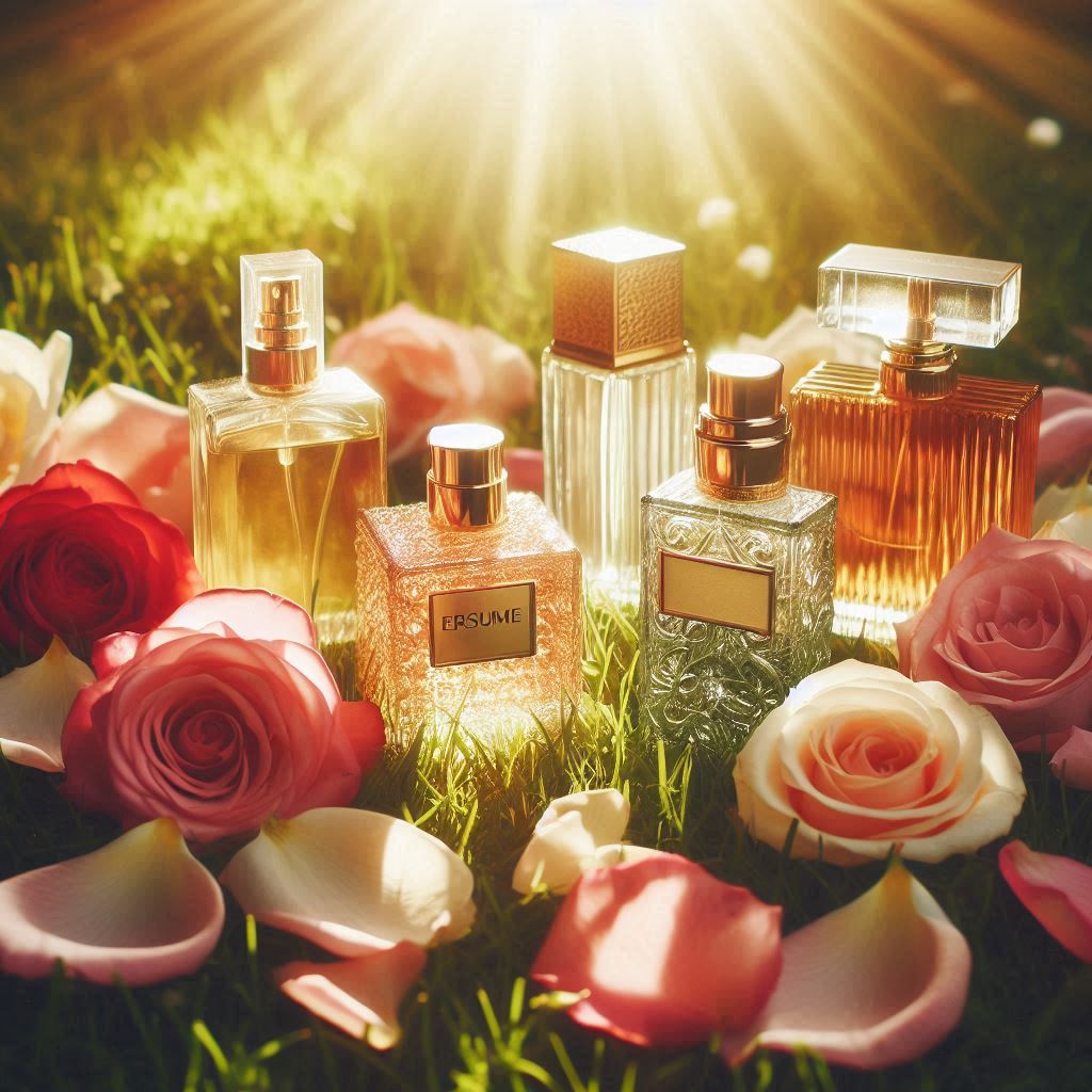 The image features a collection of five elegant perfume bottles of various shapes and sizes, positioned amidst a vibrant array of pink and red roses with scattered petals. The setting is outdoors with the bottles and flowers bathed in warm, golden sunlight that suggests either early morning or late afternoon. The light creates a soft glow around the objects, highlighting their transparency and reflective surfaces, which adds to the luxurious feel of the scene. One bottle in the foreground has a label with ‘PERFUME’ written on it, emphasizing the image’s focus on fragrance products.