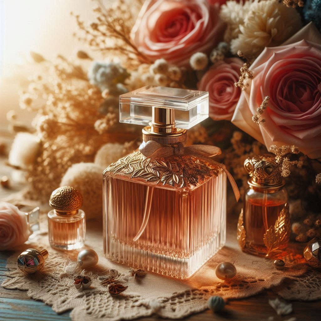 The intricately designed perfume bottle takes center stage. Its clear, faceted glass body reflects warm, golden light, creating an intimate and luxurious atmosphere. A square-shaped gold cap crowns the bottle, adorned with a delicate gold bee and floral motif. The wooden surface hosts soft pink roses, vintage perfume bottles, and scattered pearls, evoking vintage elegance and romance.