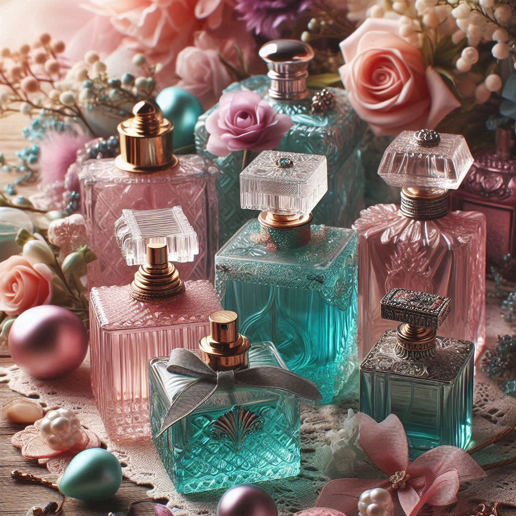 The image showcases a collection of six intricately designed perfume bottles. Each bottle features unique shapes, colors, and details. The bottles are arranged against a soft-focus backdrop of pastel flowers, with roses prominently featured. Decorative elements like pearls and bows add to the romantic and vintage aesthetic.