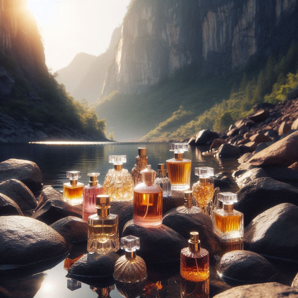 The image depicts a collection of ornate glass perfume bottles arranged on dark, smooth stones. The setting is outdoors, in a picturesque valley with a river running through it and steep cliffs on either side. The sunlight filters through the valley, illuminating the scene with a warm glow that highlights the transparency and intricate designs of the perfume bottles. This image is interesting because it contrasts man-made objects of luxury and beauty against the rugged natural beauty of the wilderness.