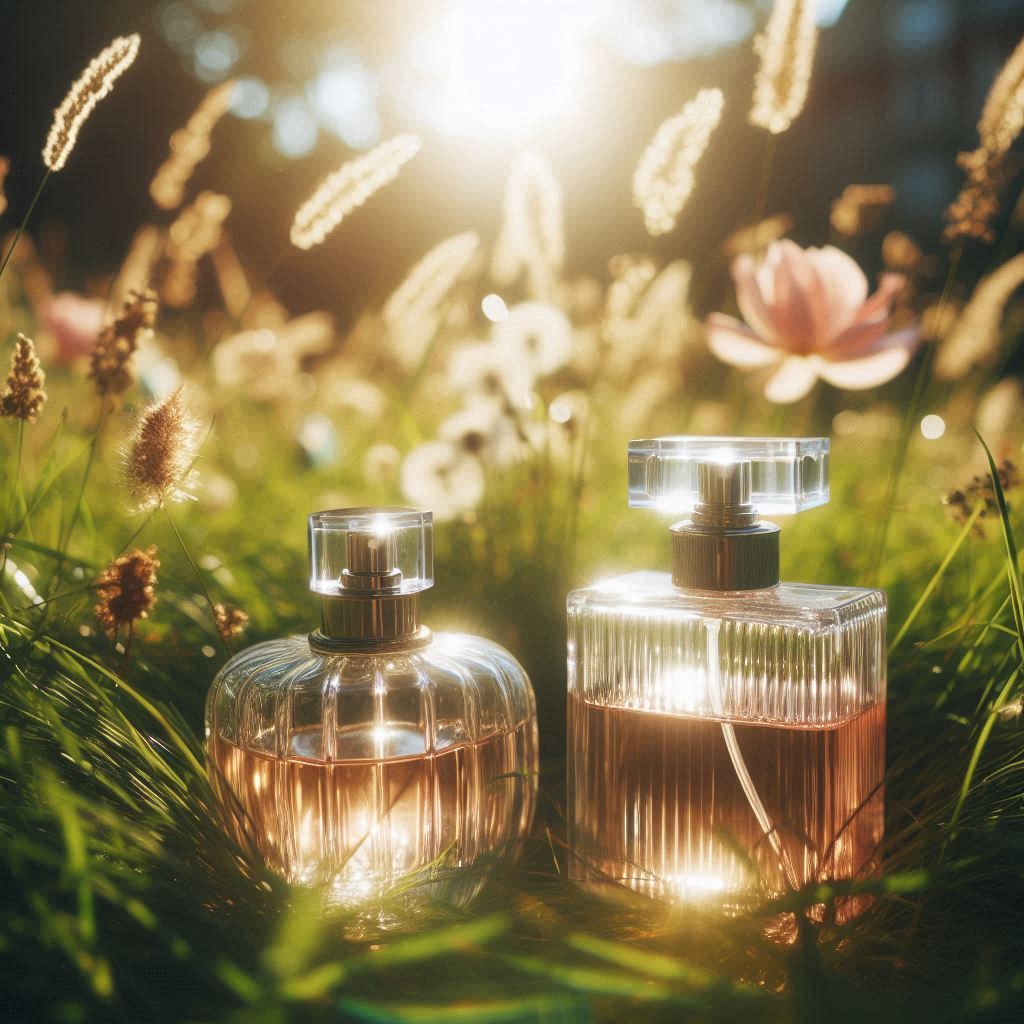 Two perfume bottles placed in lush green grass under the golden light of the setting sun, with the glass reflecting sunlight, and a backdrop of delicate wildflowers and a single pink bloom, evoking natural beauty and tranquility.