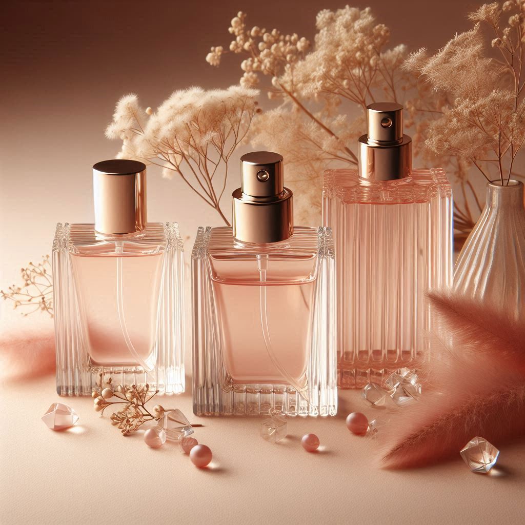 La imagen muestra tres elegantes botellas de perfume dispuestas sobre una superficie suave de color pastel. Las botellas son de vidrio transparente con un tono rosado y tienen tapas de spray color dorado. Alrededor de las botellas hay delicadas flores secas y elementos decorativos como pequeñas perlas y cuentas similares a cristales. El fondo está suavemente iluminado, creando un ambiente cálido y lujoso. Esta imagen es interesante y relevante ya que muestra una disposición visualmente atractiva de botellas de perfume, destacando su diseño y el atractivo estético de la composición general.