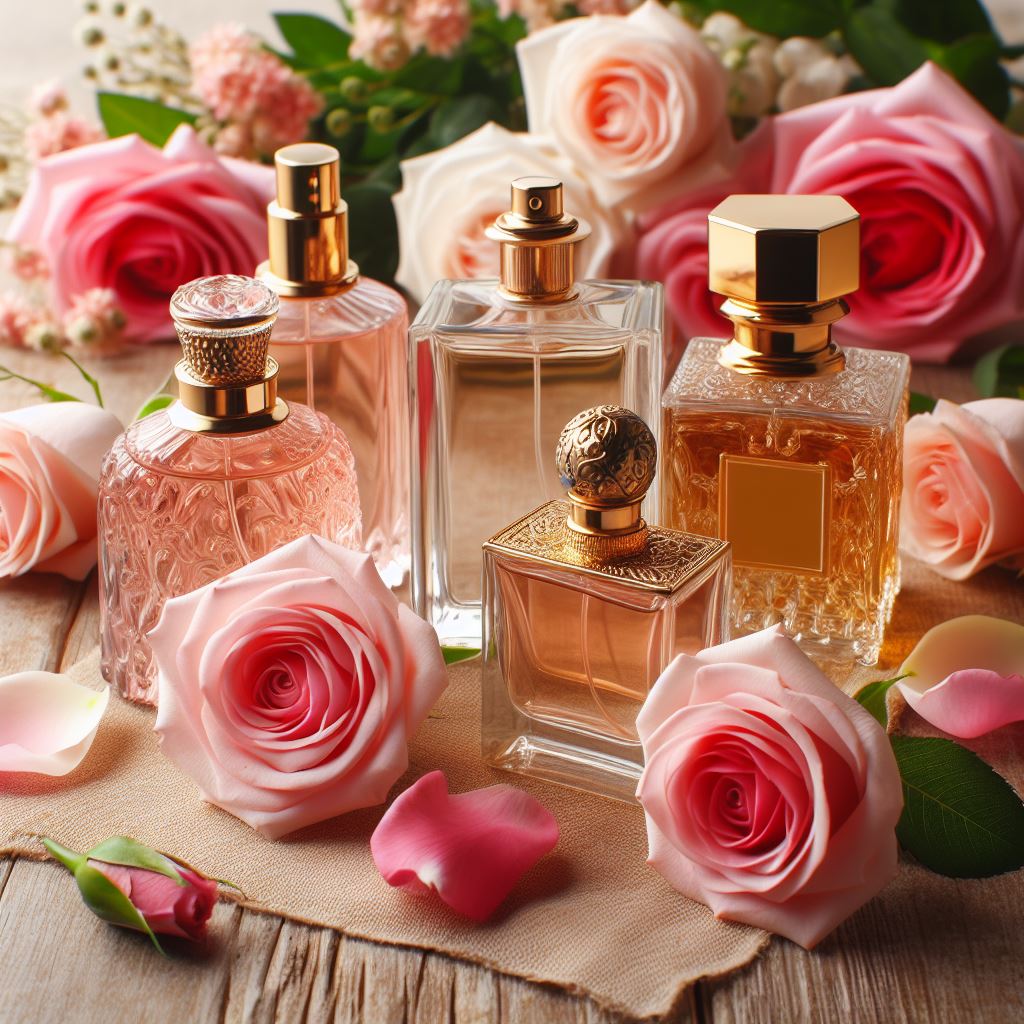 The image features a collection of four exquisite perfume bottles, each with unique designs, showcased among a spread of delicate pink roses and soft rose petals. The bottles display a variety of shapes and intricate details, including embossed patterns and ornate caps, with the largest bottle sporting a transparent look and a golden label. This elegant arrangement against a backdrop of roses conveys a sense of luxury and the alluring world of fragrances.