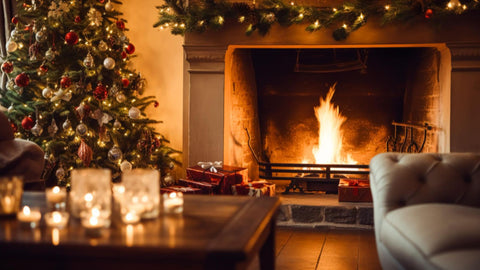 Christmas drinks near a fireplace and a christmas tree