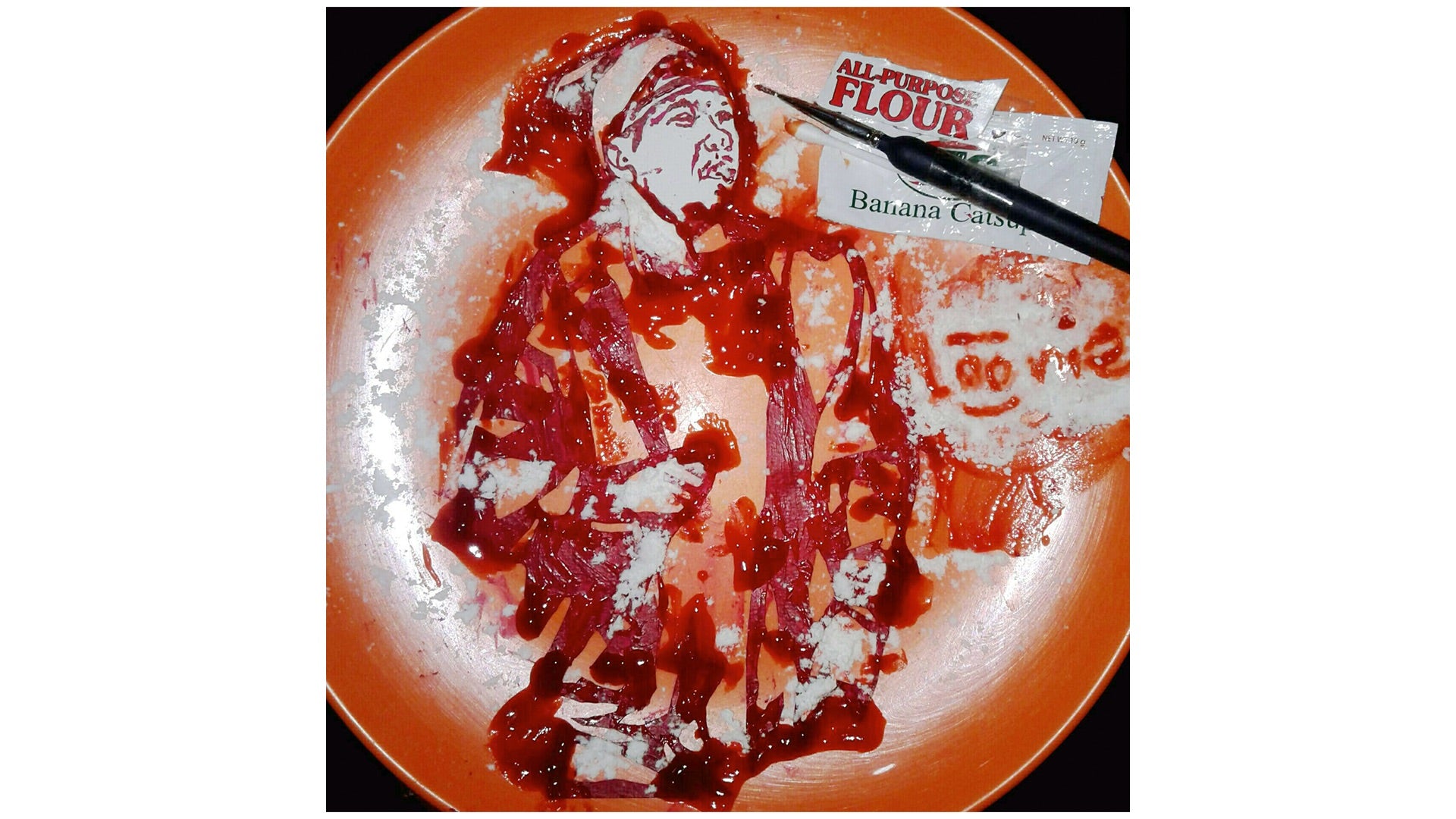 Alyssa Dela Fuente  "COMEBACK" ketchup, flour, bud, paintbrush on orange plate