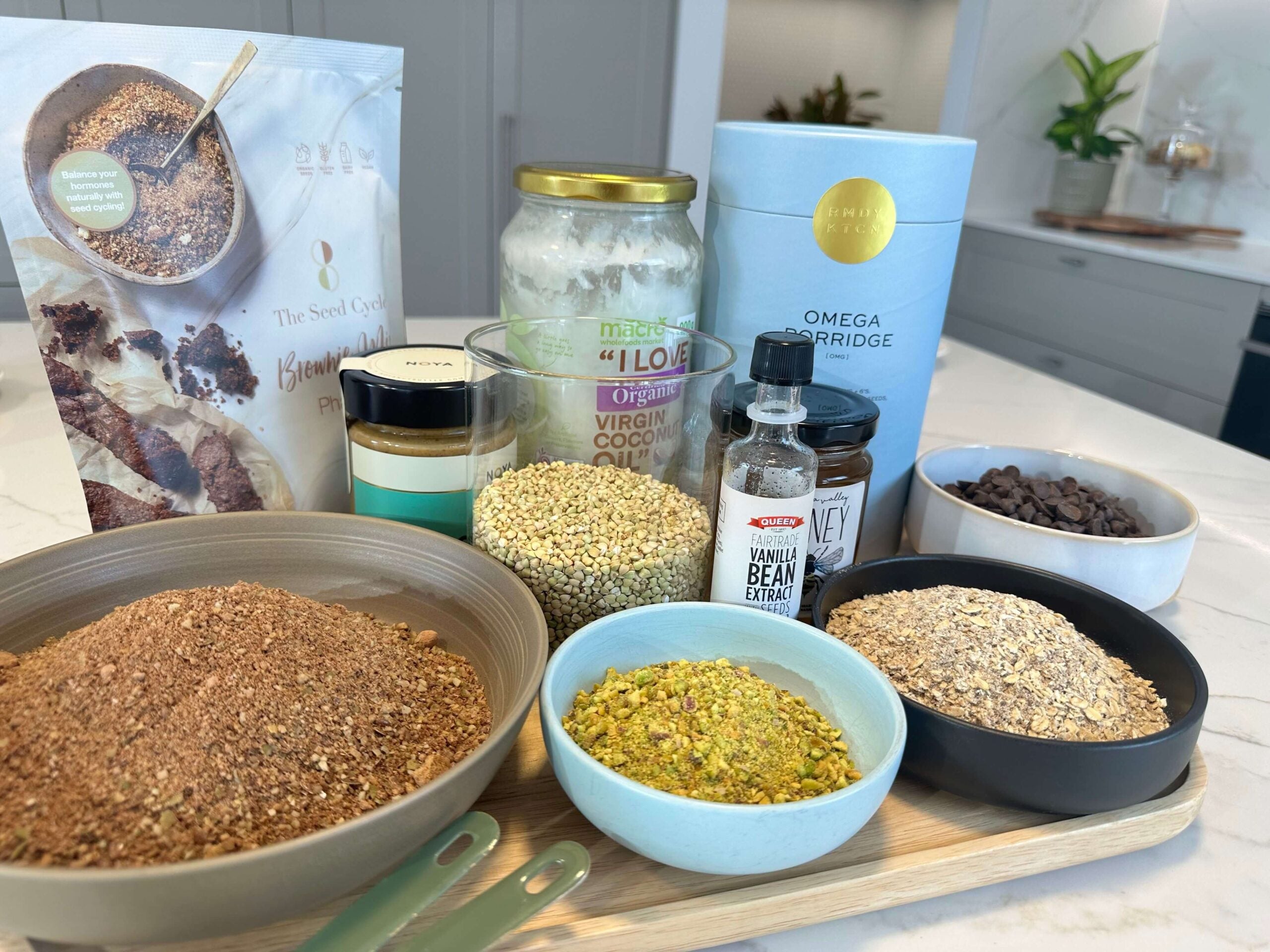 ingredients placed on kitchen bench for seed cycling chocolate bar recipe