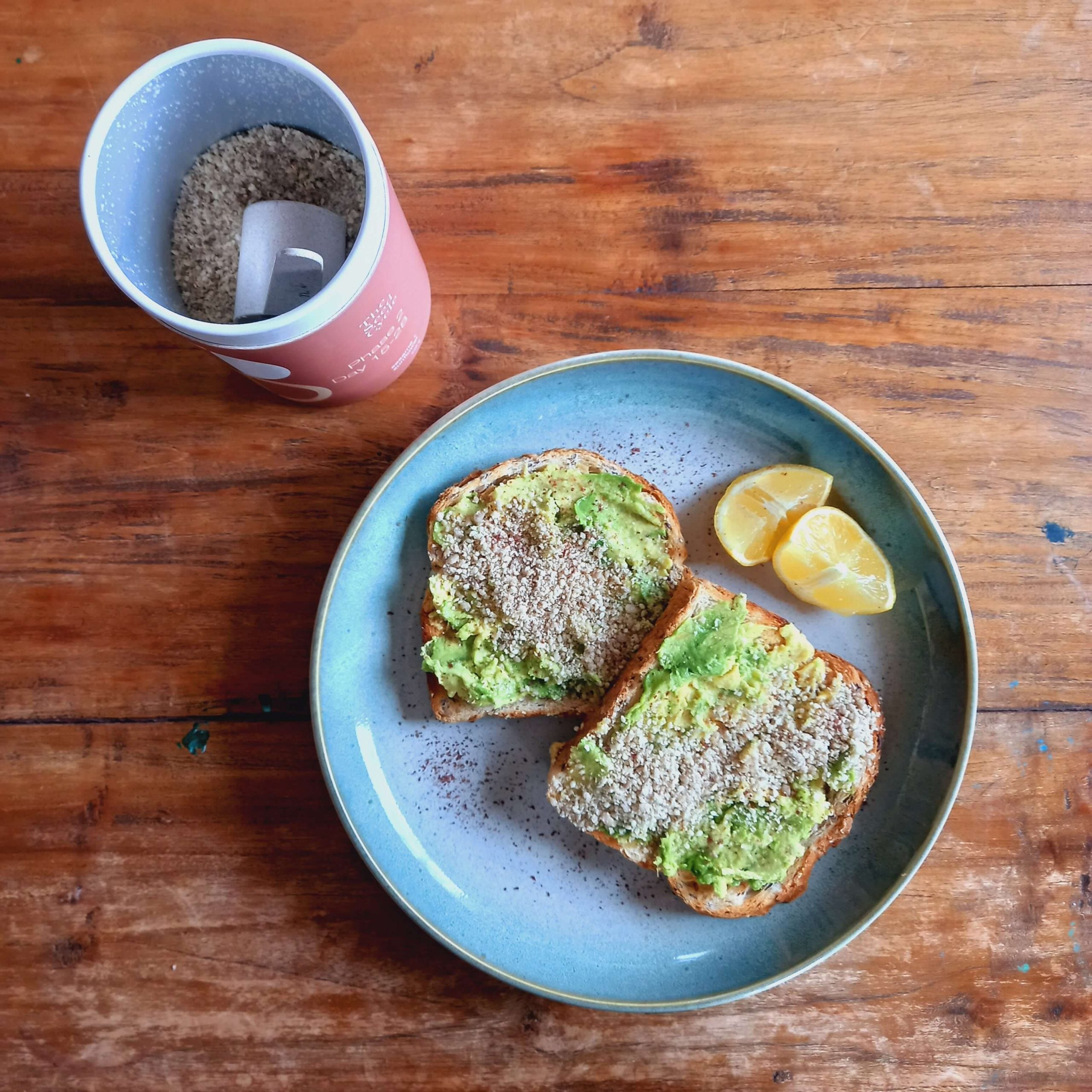 avocado toast, flatlay, hand