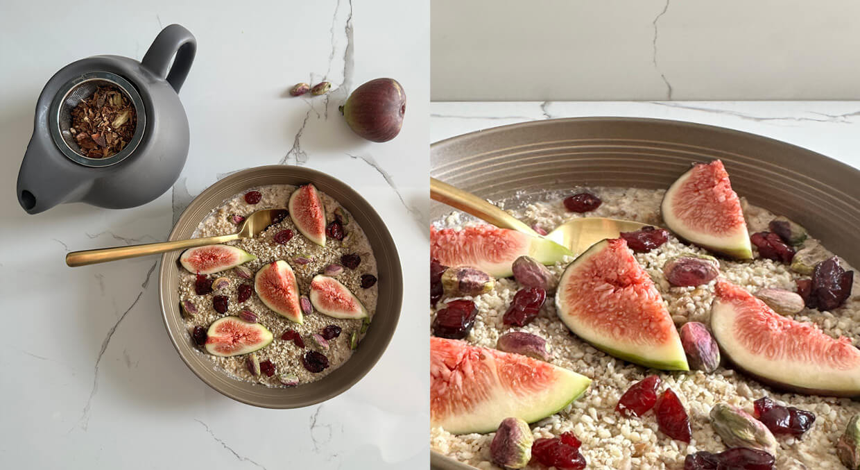 Seed + Porridge with Fig, Cranberry, and Pistachio two photos side by side of porridge and seed cycling with figs