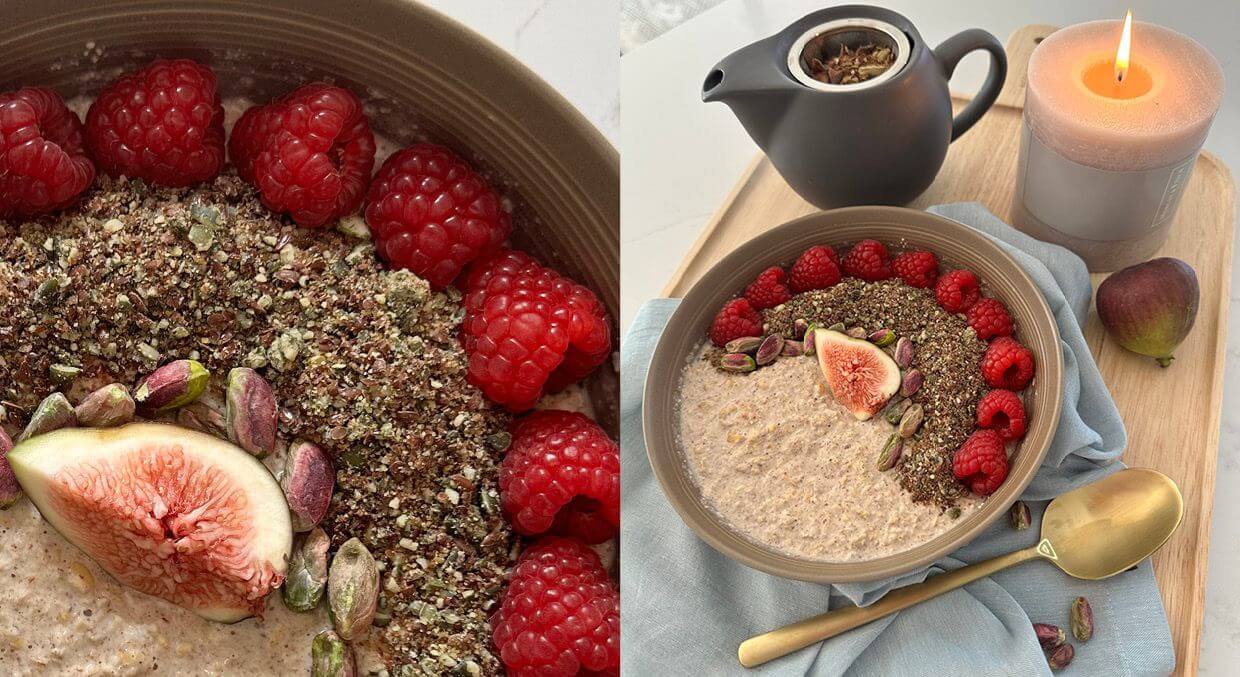 Seed + Porridge with Raspberries and Pistachios two images of seed cycle porridge bowls