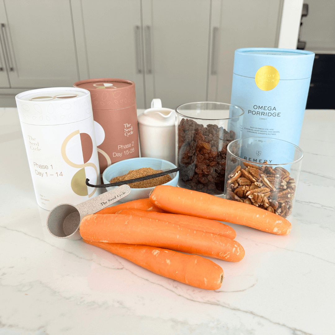 Seed + Oat Carrot Breakfast Bake ingredients on kitchen bench
