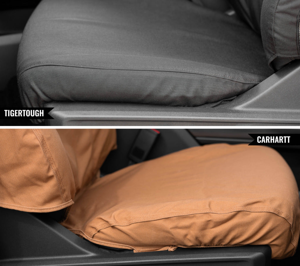 Sides of seat bottoms. One with a TigerTough seat cover and one with a Carhartt seat cover.