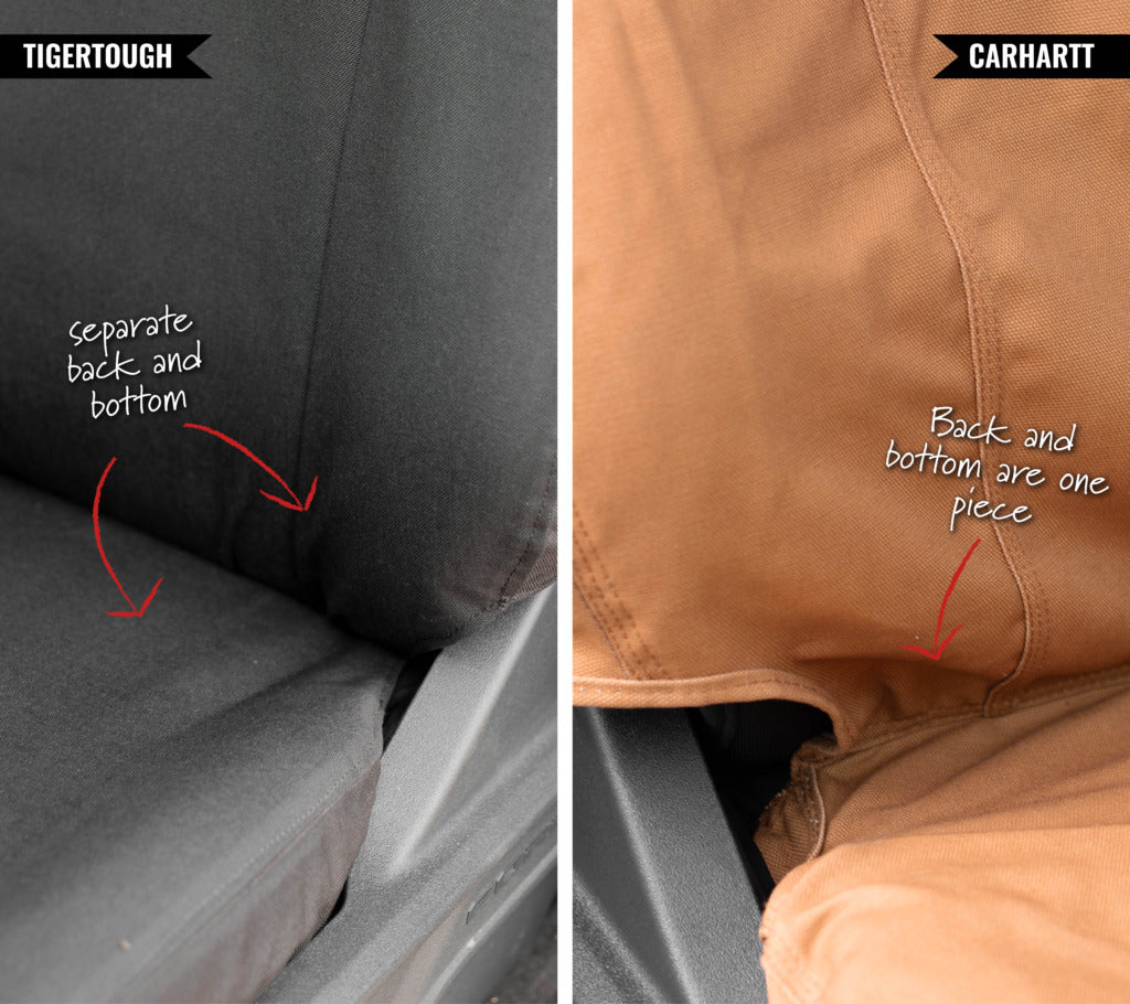 The crease of a seat with a TigerTough cover and a Carhartt cover.