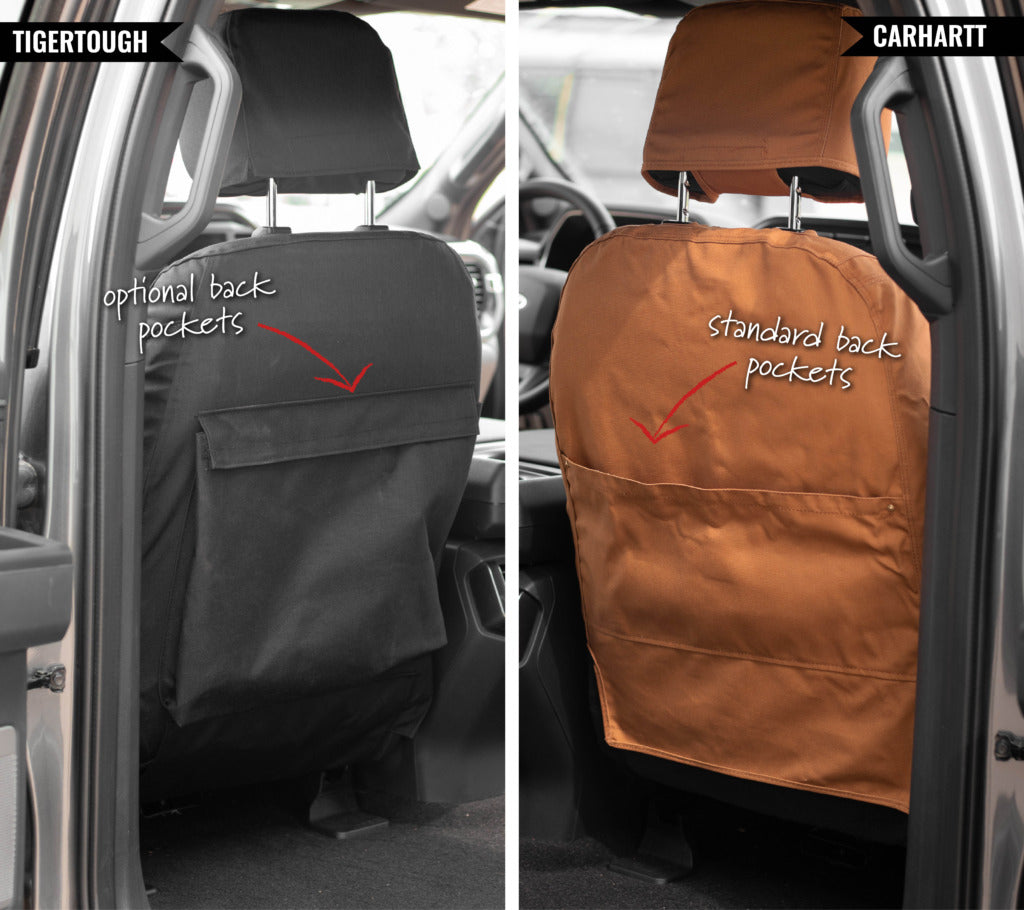 Back of a TigerTough seat cover with an added pocket, and a Carhartt seat cover with a standard seatback pocket.