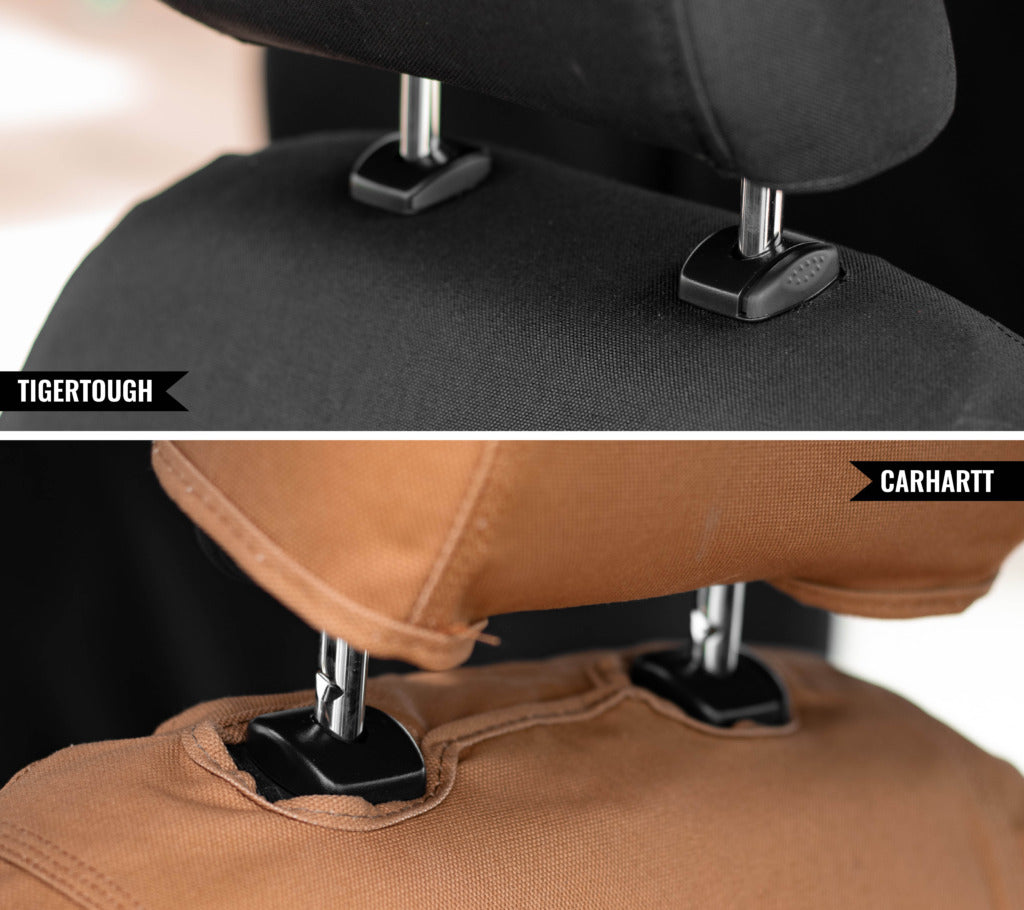 Close up photos of headrests on a TigerTough and Carhartt seat cover.