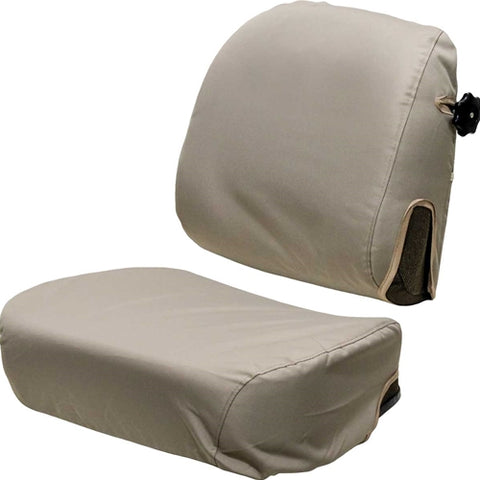 John Deere tractor seat cover in beige on a seat