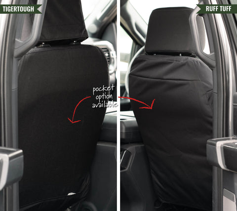 The backs of TigerTough and Ruff Tuff seat covers with optional pockets