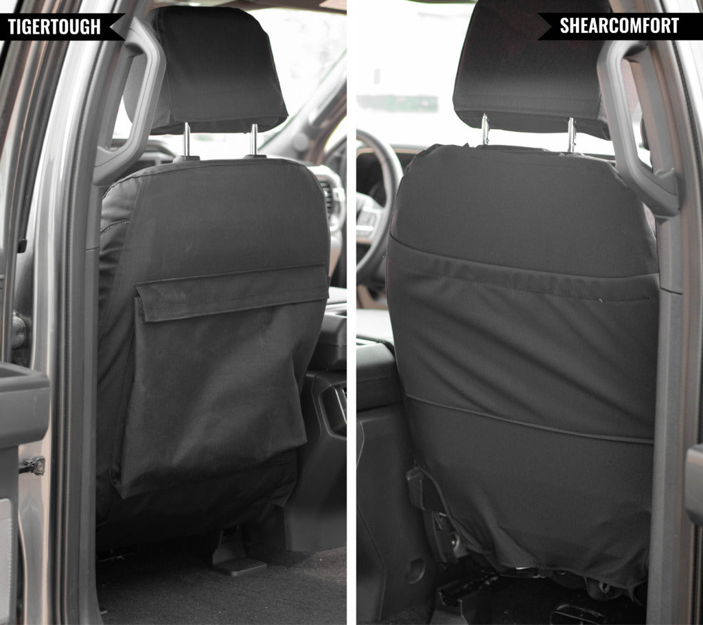 Side-by-side comparison of TigerTough and ShearComfort seatbacks showing the pockets.