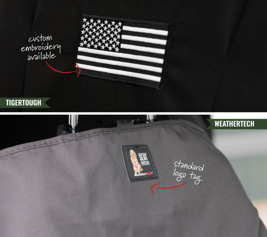 Side-by-side comparison of TigerTough custom embroidery of an American flag and a WeatherTech standard logo tag with a dog.