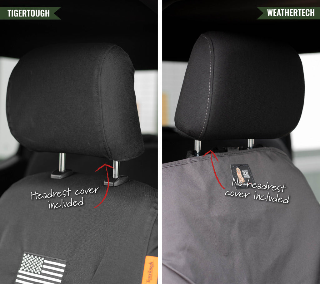 Side-by-side comparison of TigerTough and WeatherTech seat covers on the headrest portion.