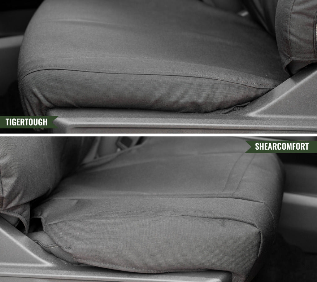 Close up of the side of the seat bottoms on both TigerTough and ShearComfort covers.