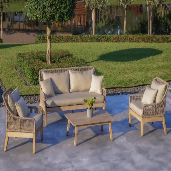 Solana 4-Piece Outdoor and Backyard Wood, Aluminum and Rope Furniture Set