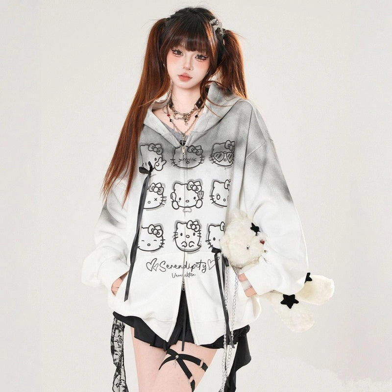 American Style Hello Kitty Gradient Print Oversized Sweatshirt