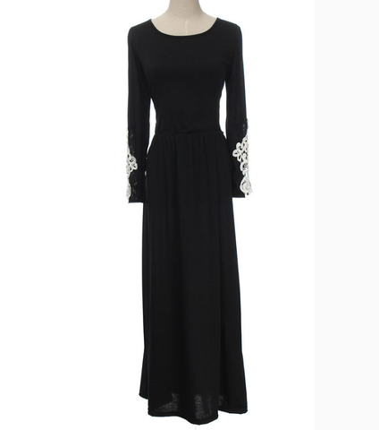 Slim round neck long-sleeved black dress – wensoal