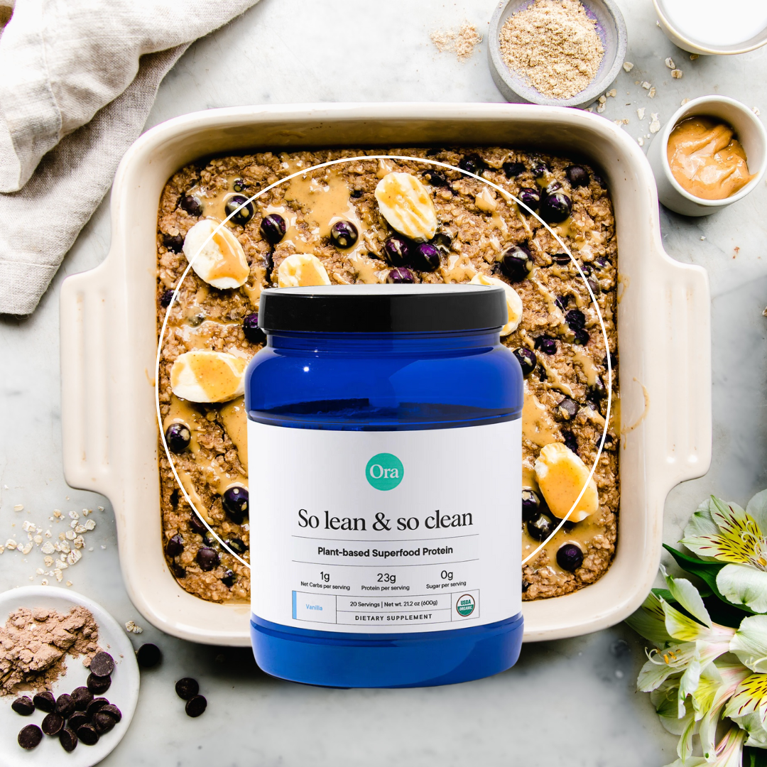 Container of Ora plant-based protein powder in front of a baking dish with oatmeal bake.