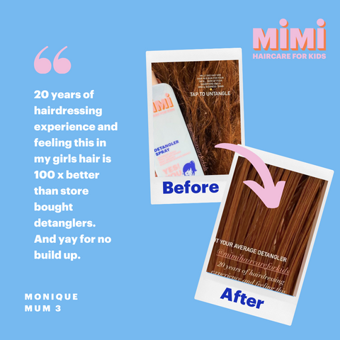 A before and after image of hair that has used mimi haircare for kids detangler spray