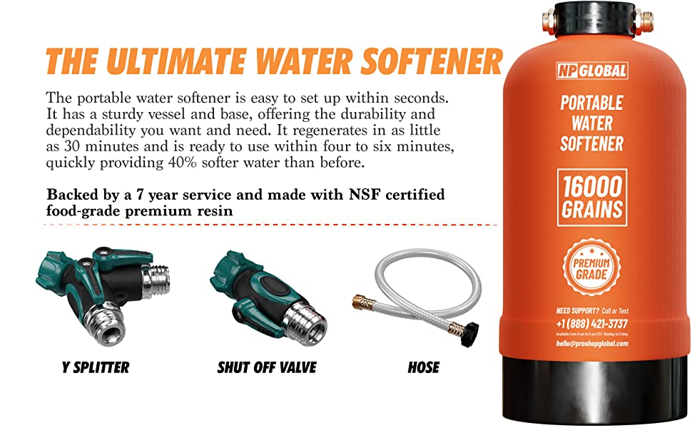 Essential RV Water Softener Portable 16,000 Grain w/o Custom Hose, Long  Lasting for RVers Vanlife, 3/4 Fittings, Softens Hard Water When Traveling  or Mobile Spot Reducing Car Washing