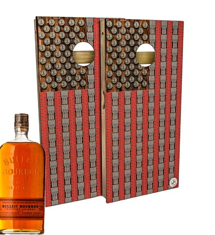 Bottle of Bulleit Bourbon next to the Patriotic Bullet American Flag Cornhole Set