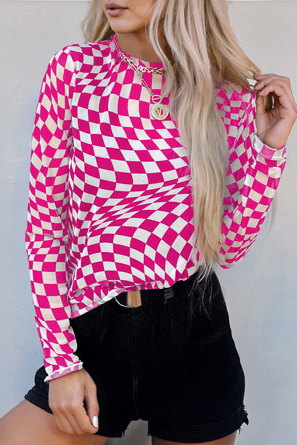 Rose Pink Checkered Pattern Mesh Mock Neck Long Sleeve Top