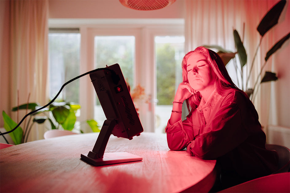 Frau vor einer Infrarot- und Rotlicht-LED-Lampe. Am Tisch sitzen.