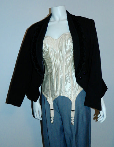 1940s wool blazer, 1950s satin corset, and 1930s wool pleated menswear trousers. Very 1990s Madge vibe!