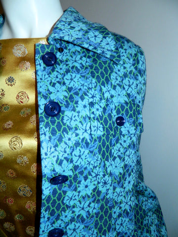 1950s silk brocade wiggle dress, 1970s wool jacket.