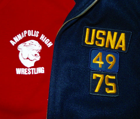 1950s Annapolis High School Wrestling team sweatshirt, 1970s USNA cadet wool coat with legacy dates (dad was class of 1949, son was class of 1975).