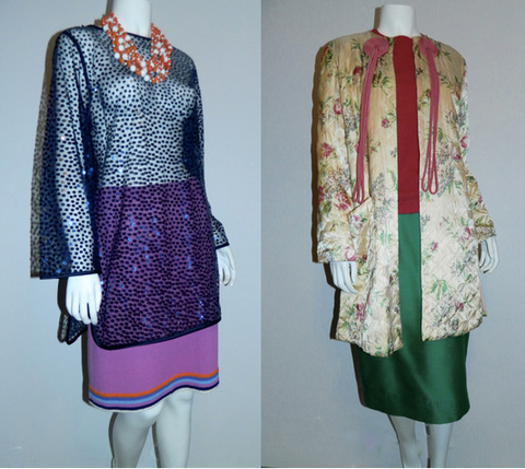 Day to night separates- (L) a 1960s glass bead necklace, 1980s sequin runic, 1970s kind skirt. (R) a 1940s satin bed jacket, 1950s angora sweater, 1960s wool skirt.