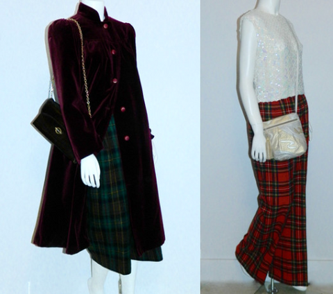 (L) 1970s Andrew Gellar bag, 1970s velvet coat, 1980s wool plaid gauchos. (R) 1950s sequin shell, 1970s red wool tartan bell bottoms, 1980s Sharif metallic patchwork bag.