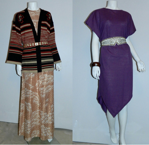 (L) 1960s gold dot metallic cloud print gown, 1970s cardigan, 1980s wood beaded belt. (R) 1980s wool jersey cape and studded leather belt, 1960s wood and brass bracelet.