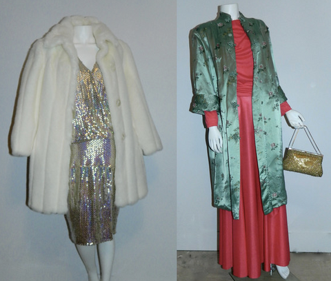 (L) 1980s white faux fur Oleg Cassini coat and gold Cuisine dress. (R) 1970s satin brocade jacket, 1970s coral Grecian dress, gold beaded evening bag.