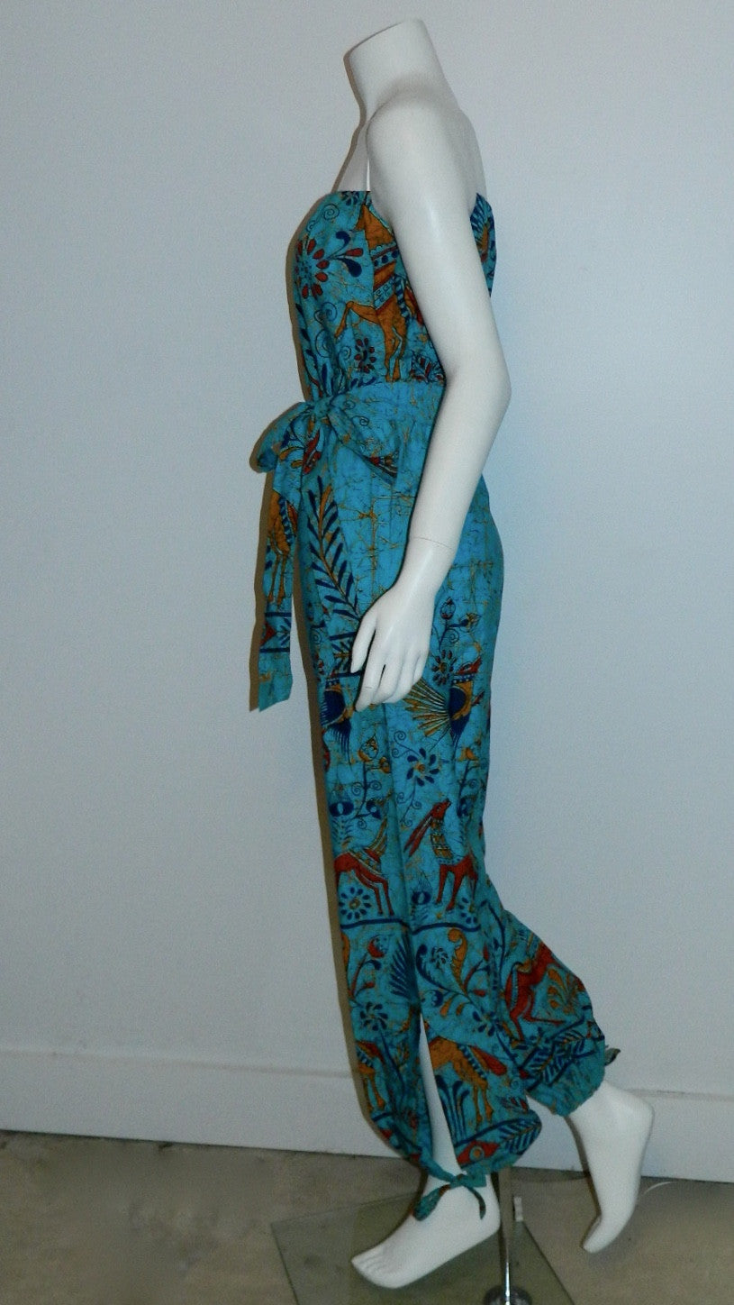 Vintage Batik Jumpsuit Strapless Romper Aqua Blue Bird Print Xs Retro Trend Vintage 