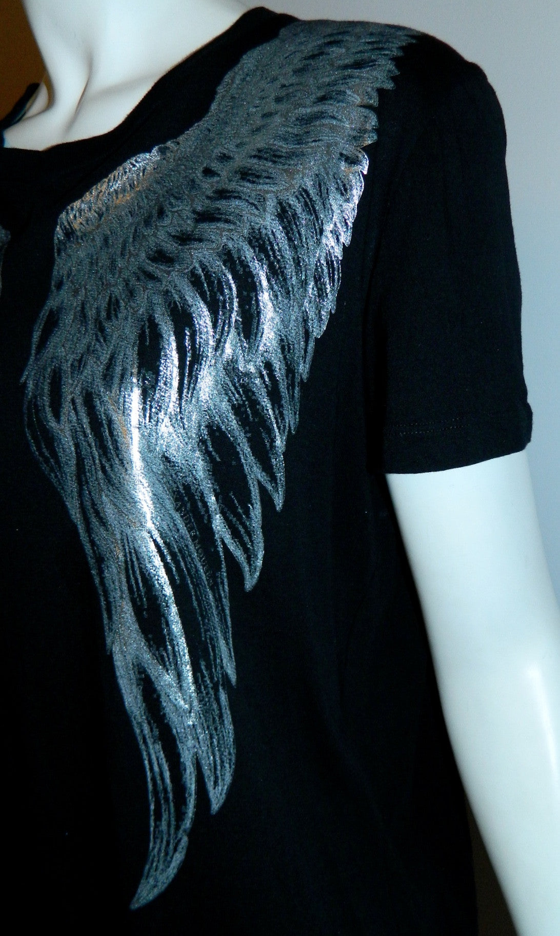 black Alexander McQueen angel wings tee shirt / silver metallic logo t ...