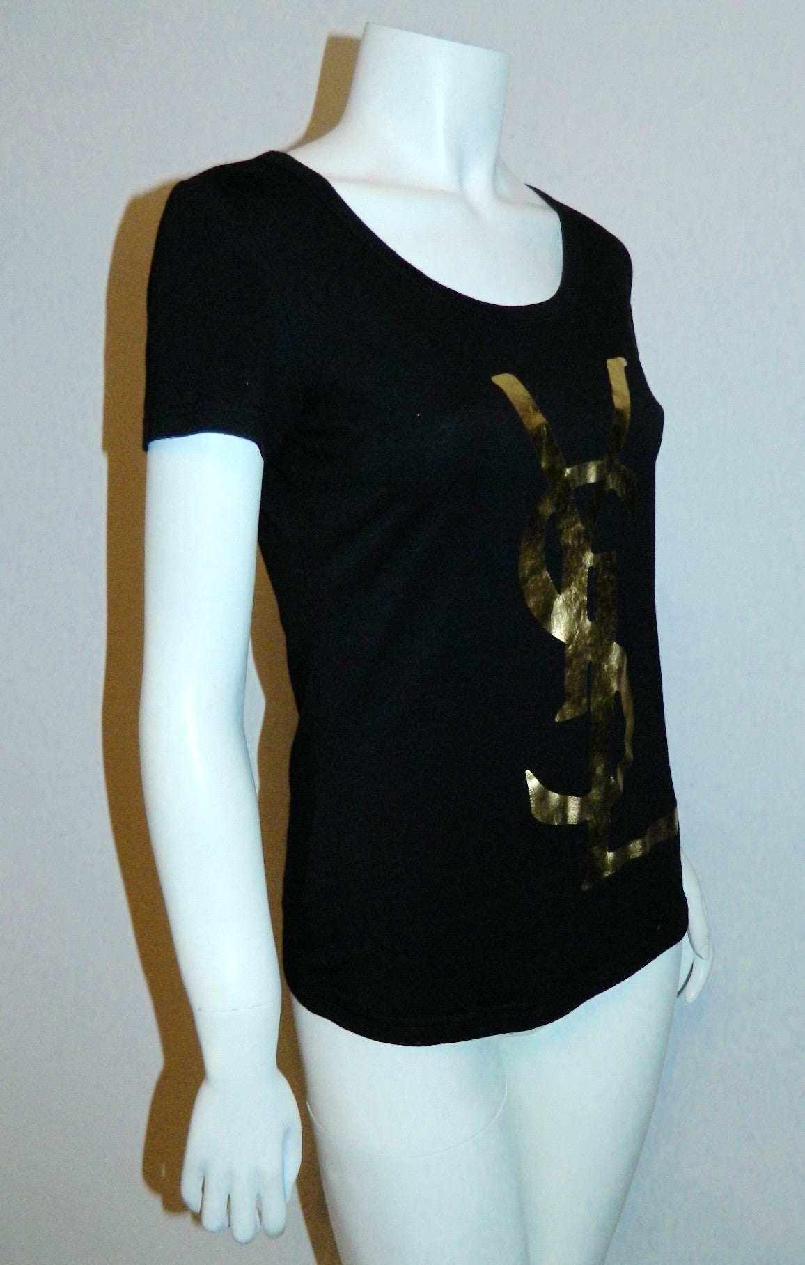 black Yves Saint Laurent tee shirt / YSL gold logo top slim fit S - M