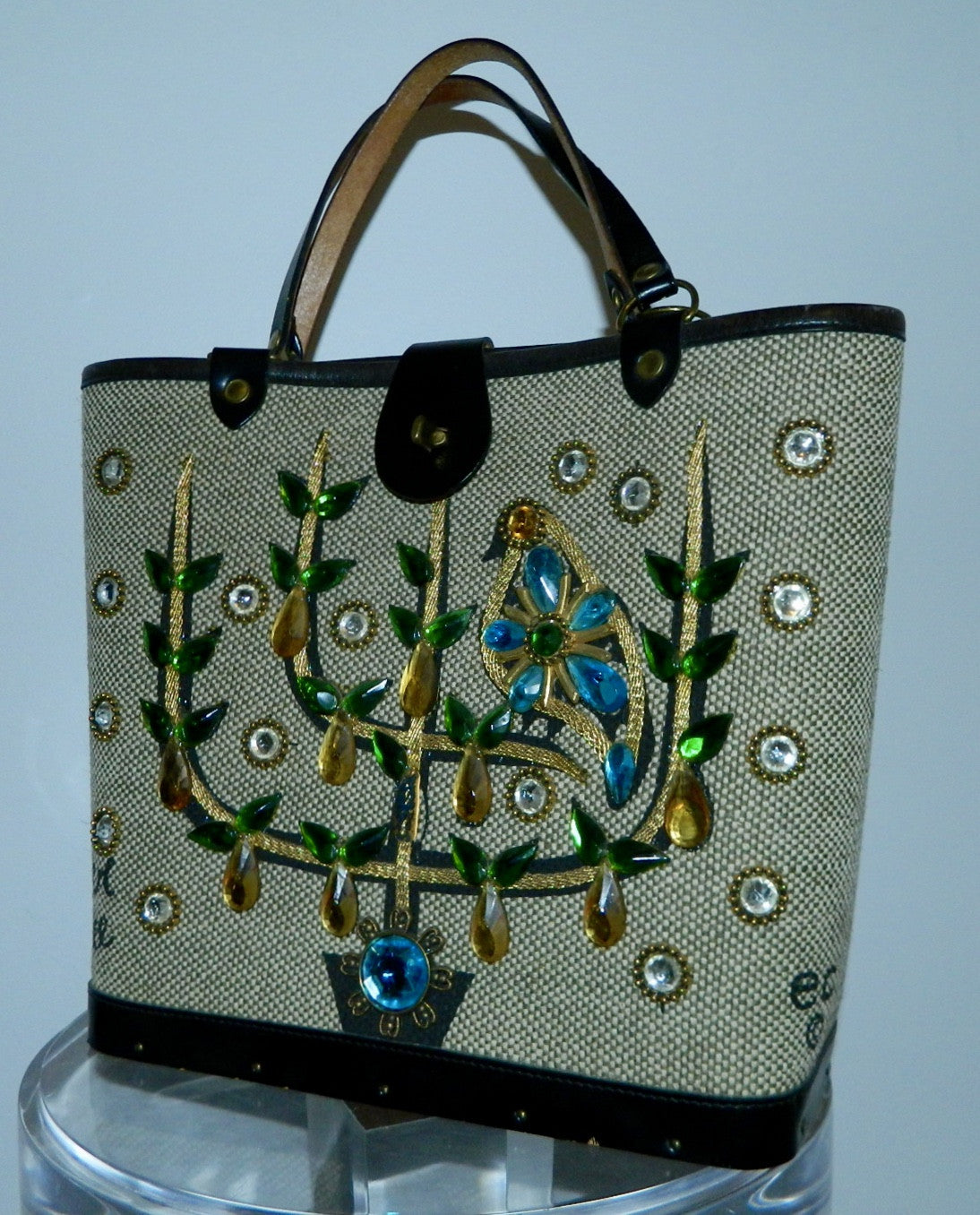 vintage 1960s Enid Collins tote bag Pear Tree jeweled purse wood panel ...