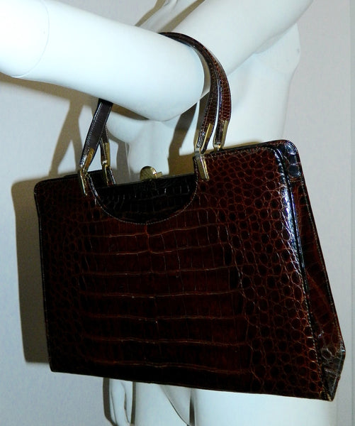vintage 1960s alligator handbag Saks Fifth Avenue dark brown box bag f ...