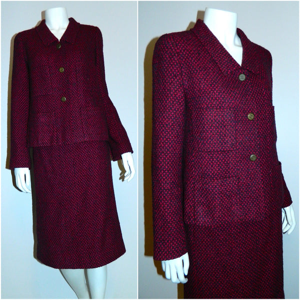 vintage 1980s CHANEL tweed suit plum blue wool boucle jacket skirt CC ...