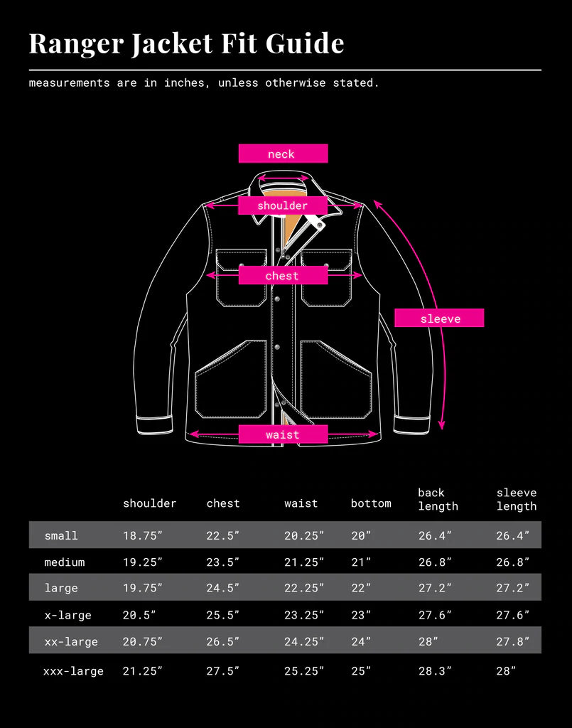 Iron and Resin Ranger Jacket Size Chart