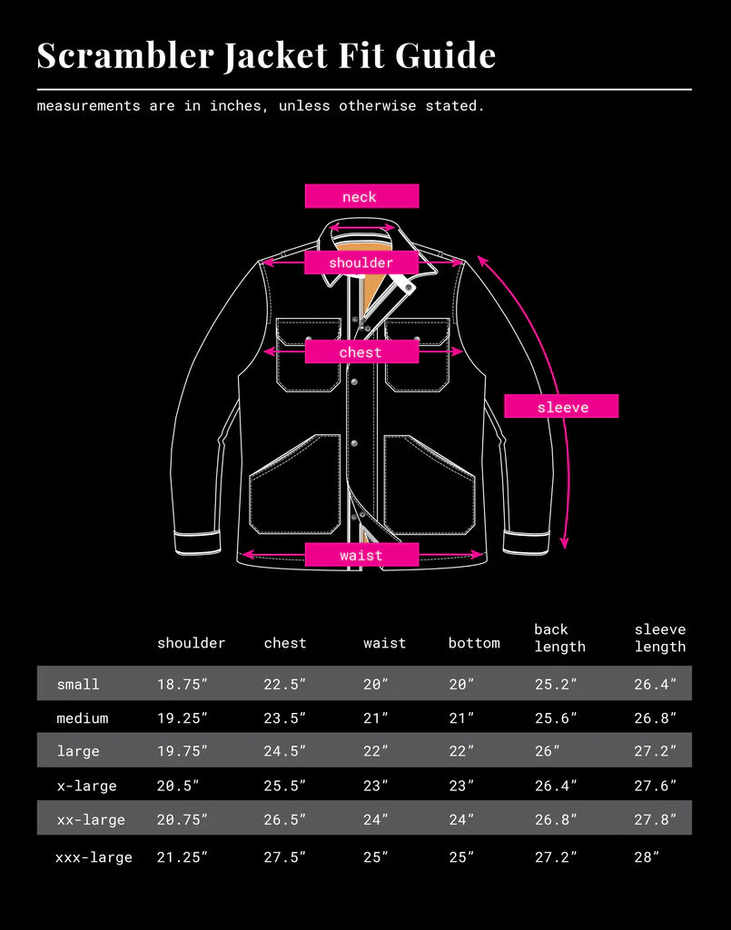 Scrambler Jacket Size Chart