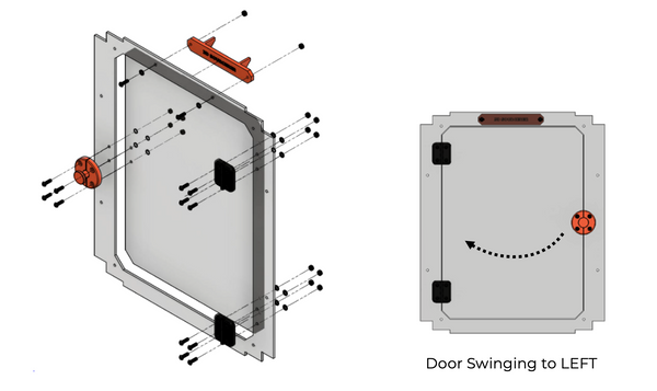 exploded view of door assembly and alternate door swinging to left for universal 3d printer enclosure