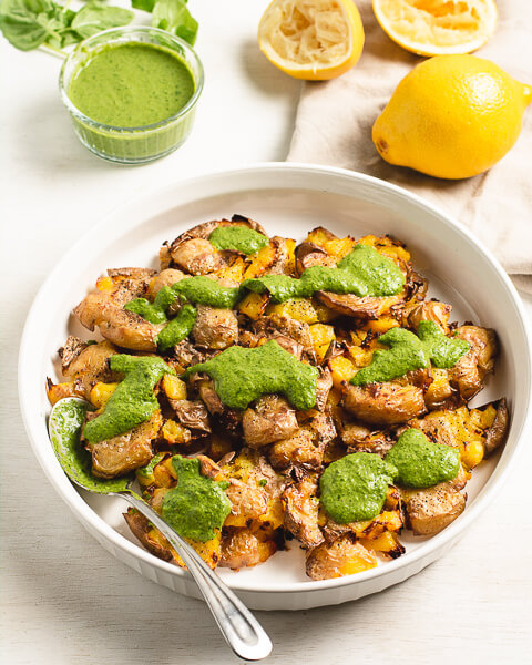 smashed potatoes and pumpkin seed butter pesto